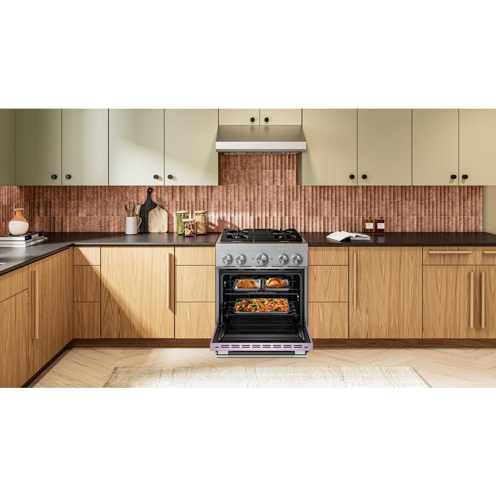 30-inch dual fuel range with stainless steel cooktop, lavender base, and open oven baking a pizza and chicken in modern kitchen