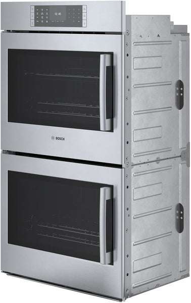 Stainless steel double wall oven with digital control panel and glass doors for modern kitchen appliances and home improvement