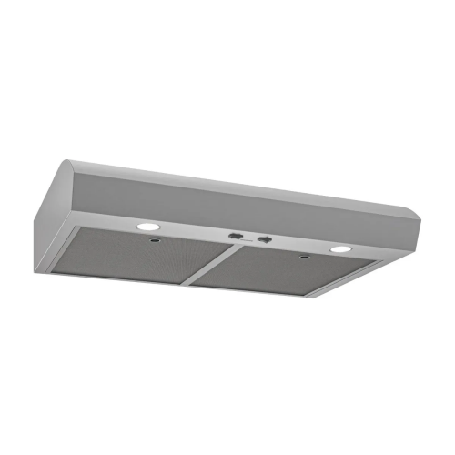 stainless steel under cabinet range hood with dual grease filters and built-in lighting for kitchen ventilation