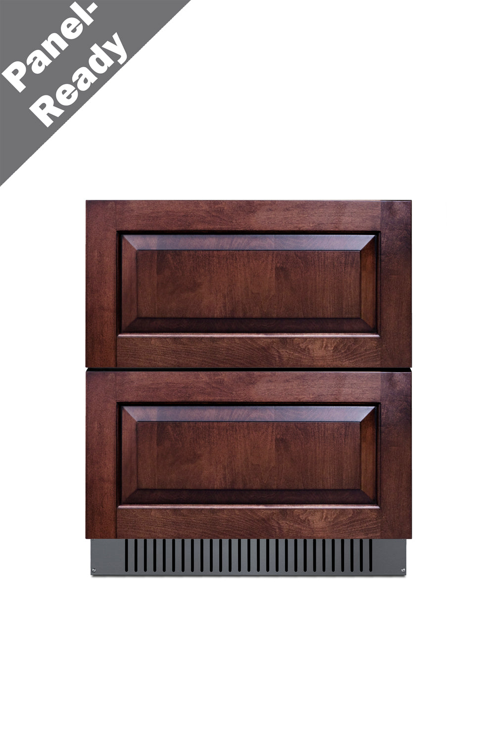 Built-in undercounter two-drawer refrigerator with paneled wood fronts and ventilation grille in kitchen appliances collection
