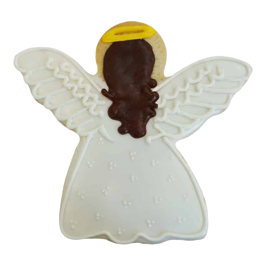 Baked angel-shaped cookie decorated with white icing, yellow halo, and brown hair from kitchenware bakeware collections under $50