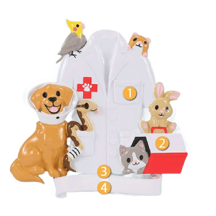 White veterinarian coat ornament surrounded by dog, cat, rabbit, and birds for Christmas tree decor under $50