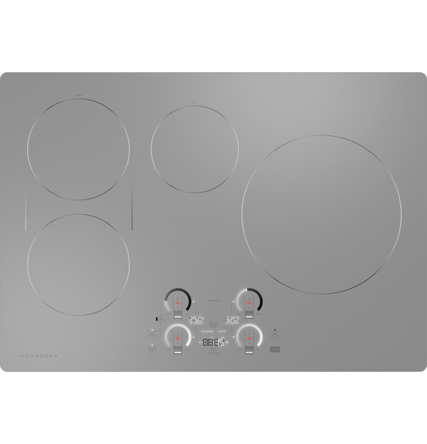 Stainless steel induction cooktop with digital touch controls and four heating zones in appliances and cooktops collection
