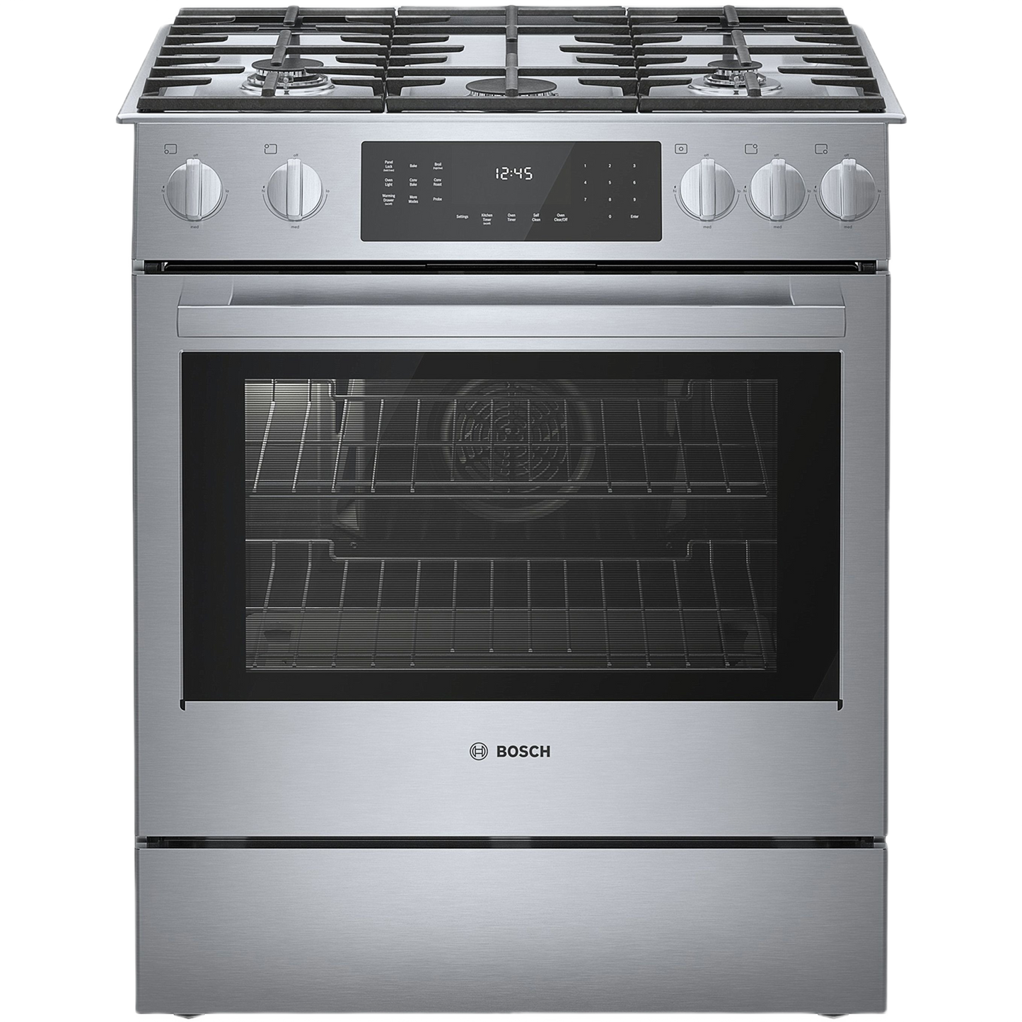 stainless steel benchmark gas slide-in range with touch controls and heavy-duty knobs for kitchen and home improvement