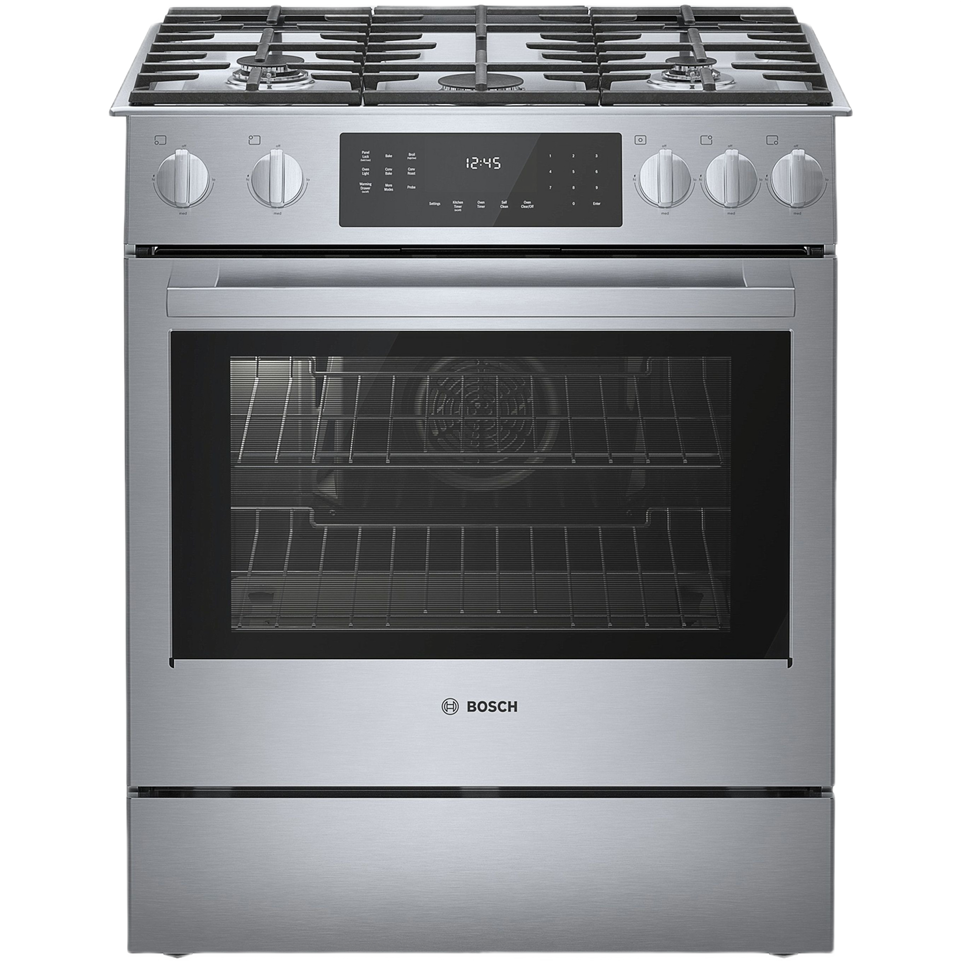 stainless steel benchmark gas slide-in range with touch controls and heavy-duty knobs for kitchen and home improvement