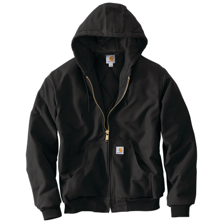 Men’s black loose fit jacket with quilted flannel lining, hood, full front zipper, and front pockets, part of Carhartt outerwear collection.