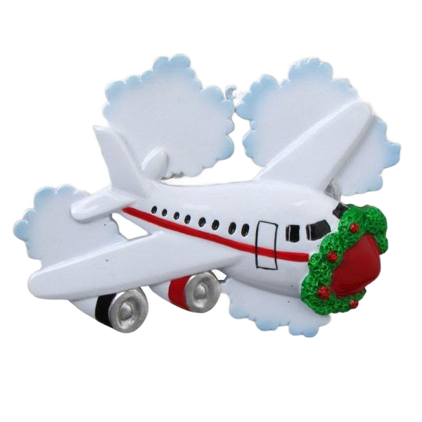 White and red plane ornament flying through blue-edged clouds with festive green and red wreath for Christmas decoration under $50