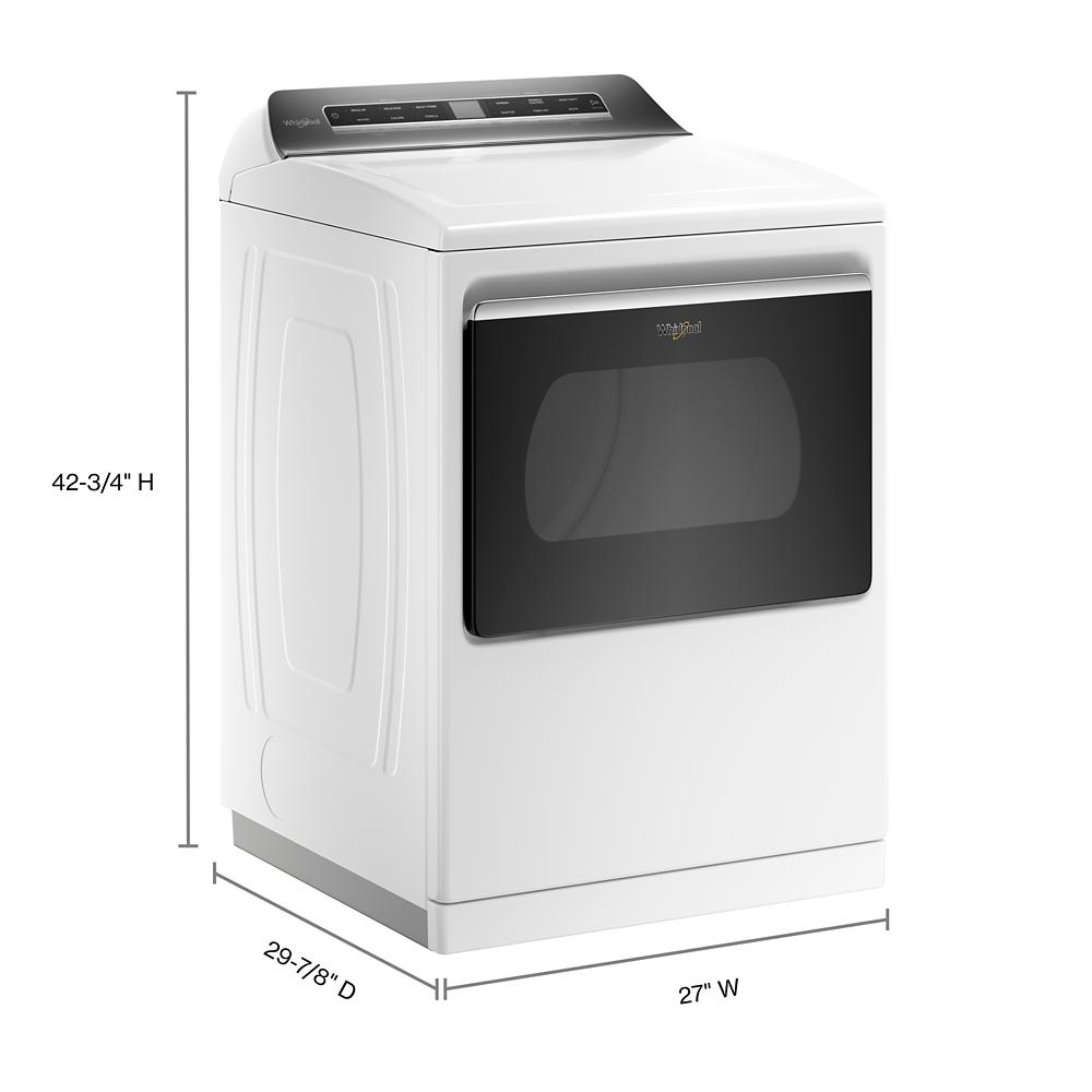 White top load electric dryer with digital control panel and tinted glass door in appliance setting