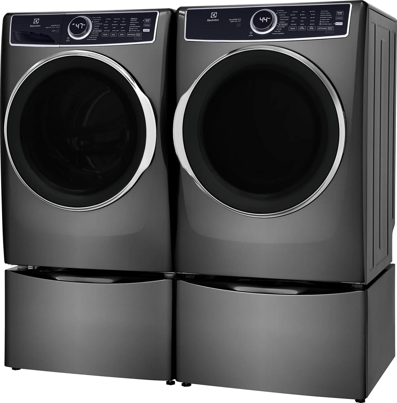 Pair of dark gray front load washers and dryers with digital screens and chrome-trimmed circular doors from washers collection