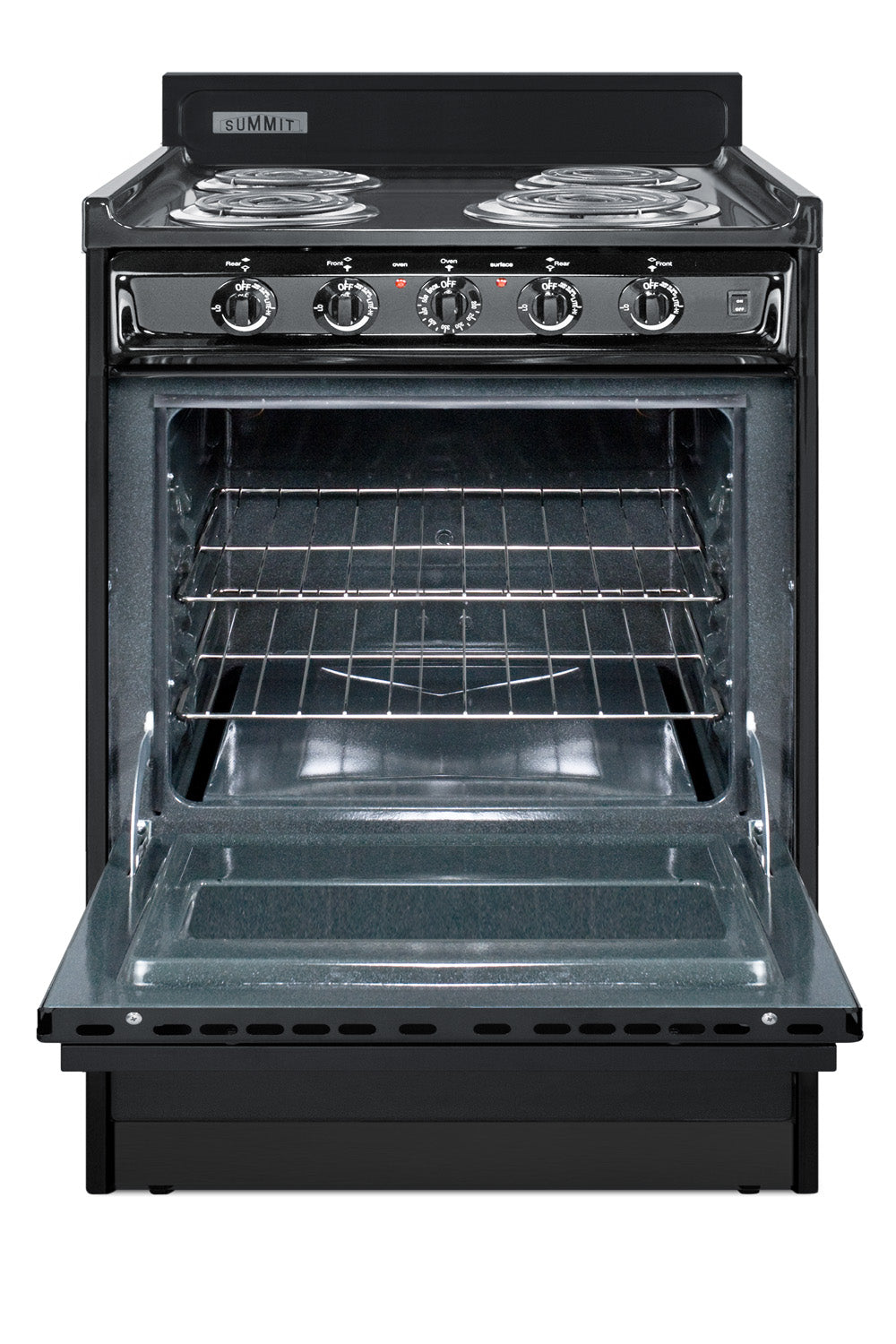 Black electric coil range with open oven door and control knobs for kitchen and home appliances