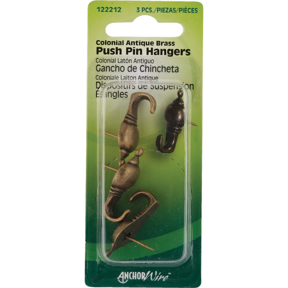 Three antique brass colonial-style push pin hangers with sharp steel pins for home improvement and hardware collections