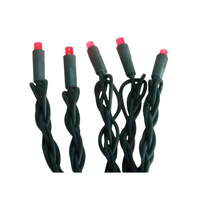 Close-up of red LED bulbs with dark green wiring from a 100-light string set for home decoration and improvement use