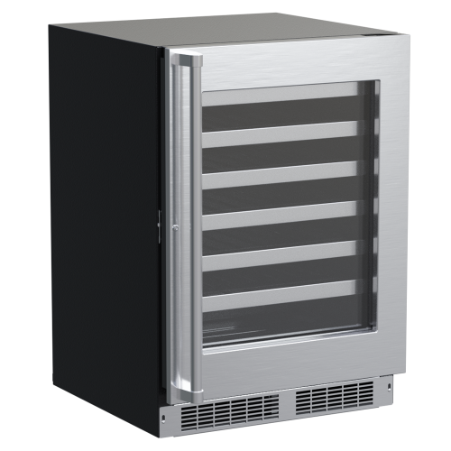 Built-in 24-inch single zone wine refrigerator with reversible hinge, stainless steel frame, and glass door from kitchen appliances collection