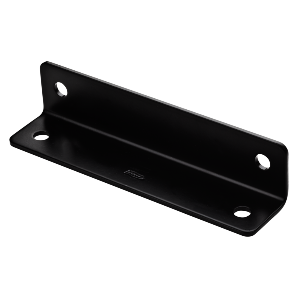 Black wide corner brace with pre-drilled holes for reinforcing 90-degree angles in building hardware projects