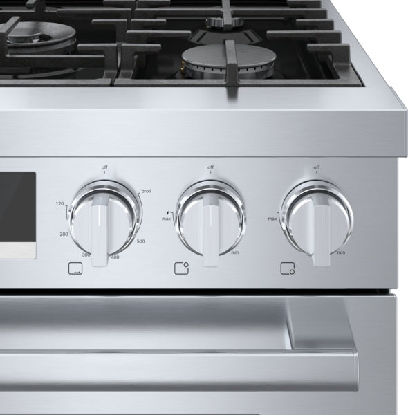 stainless steel dual fuel range control panel with three heavy-duty metal knobs and gas burner grates for kitchen appliances