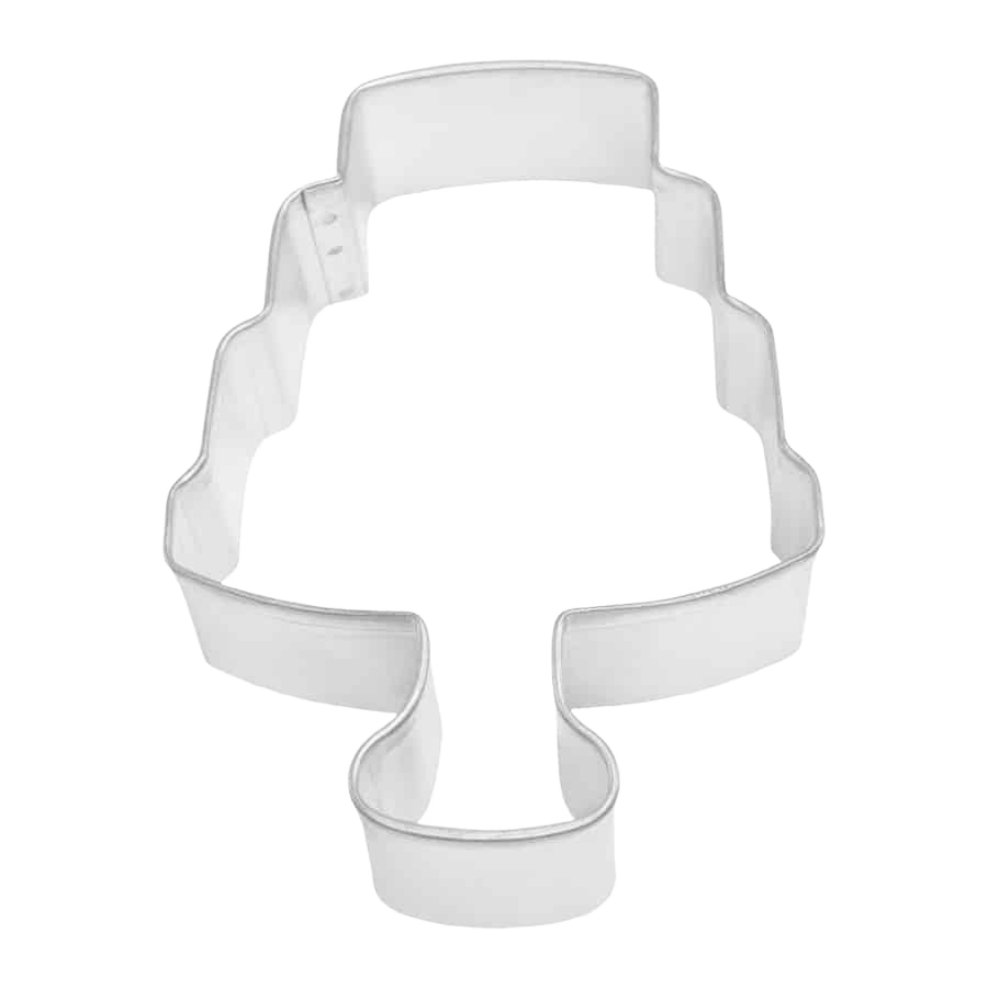 Tinplated steel cookie cutter shaped like a tiered wedding cake for baking in kitchenware and bakeware collections under $50