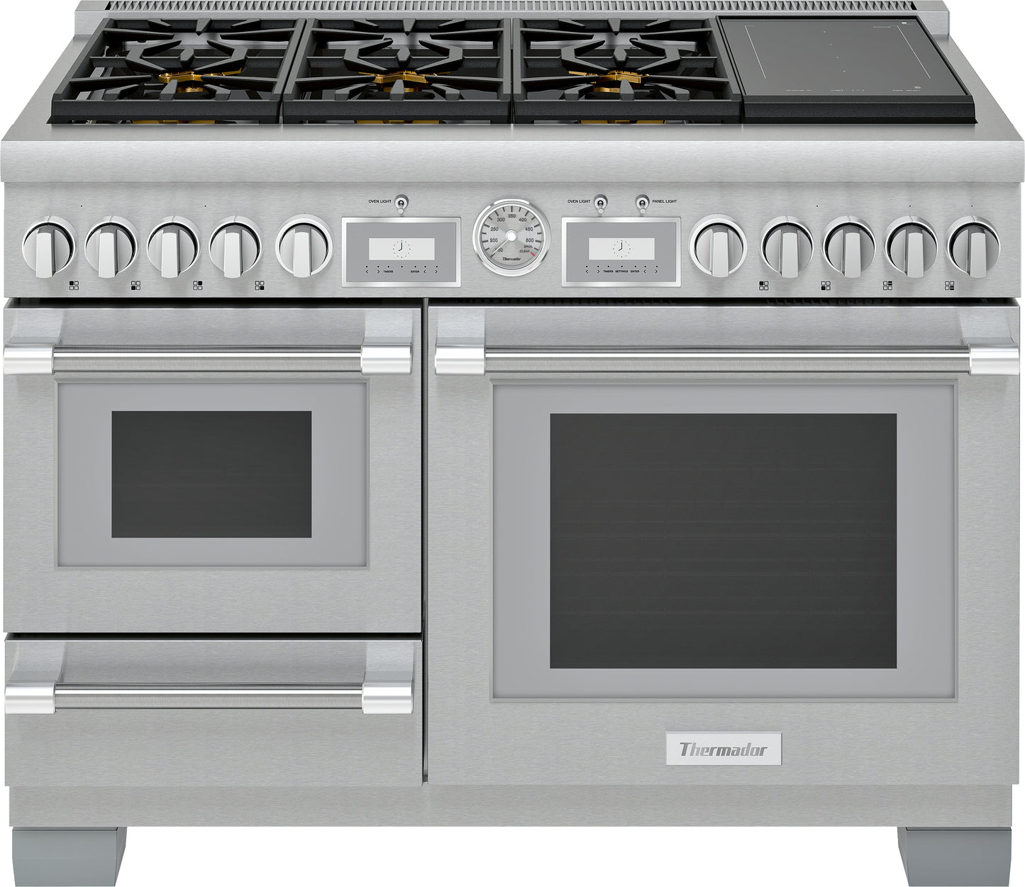 Stainless steel dual fuel professional range with multiple burners, digital controls, and two oven compartments in Thermador appliances collection