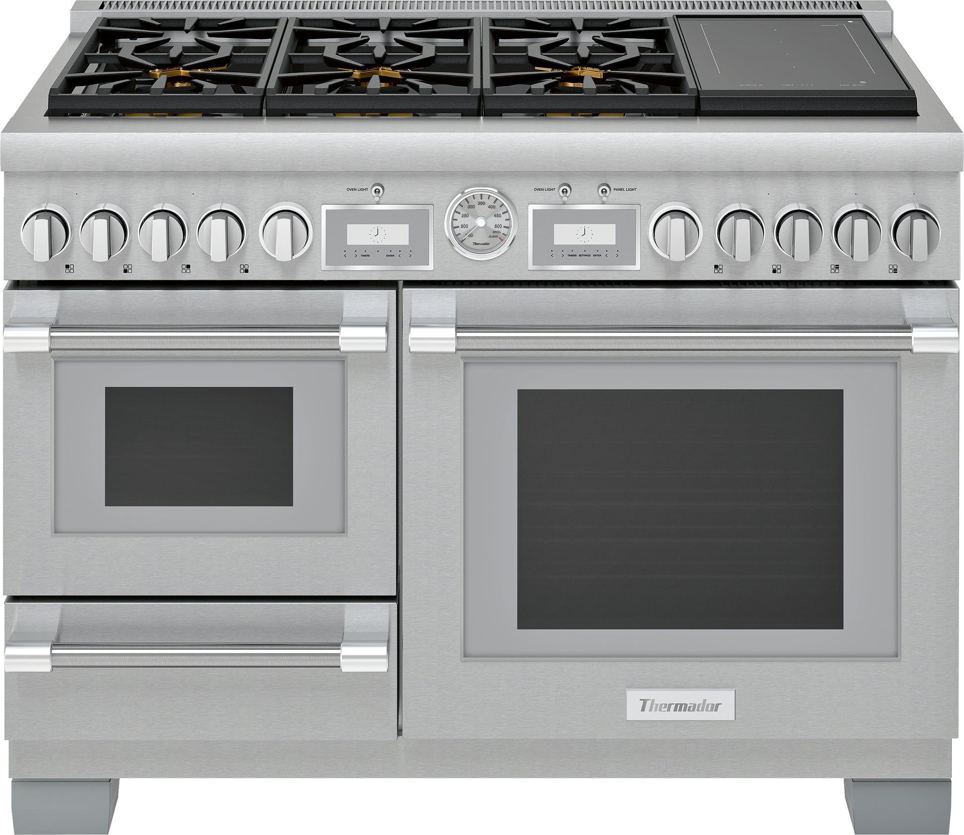 Stainless steel dual fuel professional range with multiple burners, digital controls, and two oven compartments in Thermador appliances collection