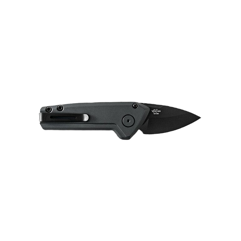 Compact gray automatic folding knife with drop-point black blade for cutting tools and woodworking hand tools collection