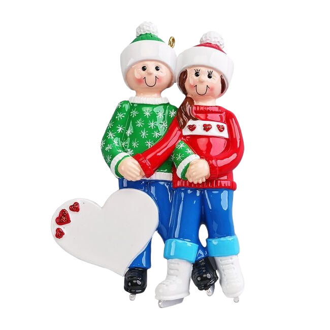 Festive skating couple ornament with personalized heart detail for Christmas tree under $50 and holiday decorations collection