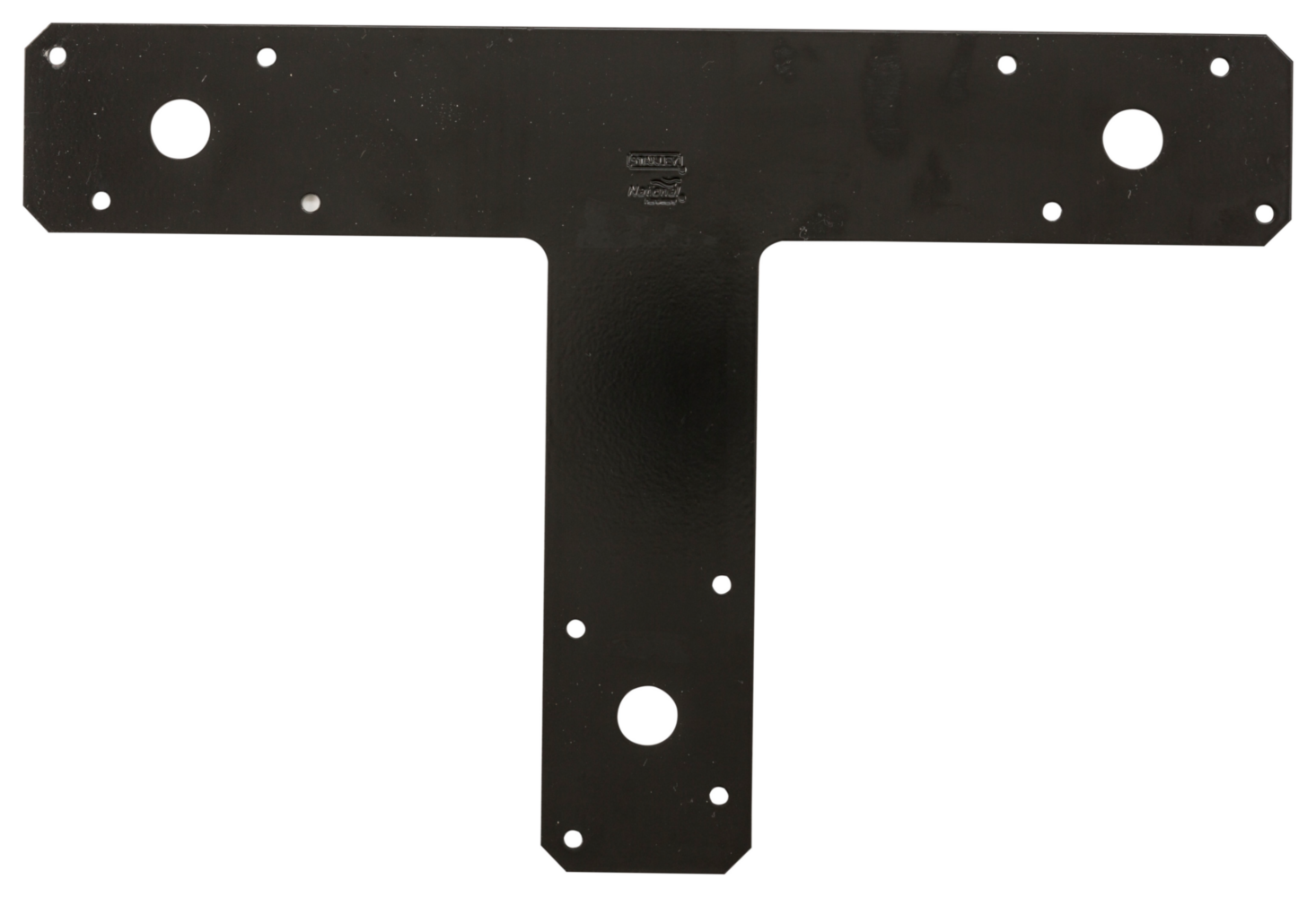 Black metal T-plate with multiple mounting holes for furniture reinforcement in building hardware and mending plates collections