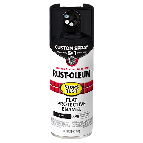 Rust-Oleum flat black protective enamel spray can with custom 5-in-1 spray for home improvement projects