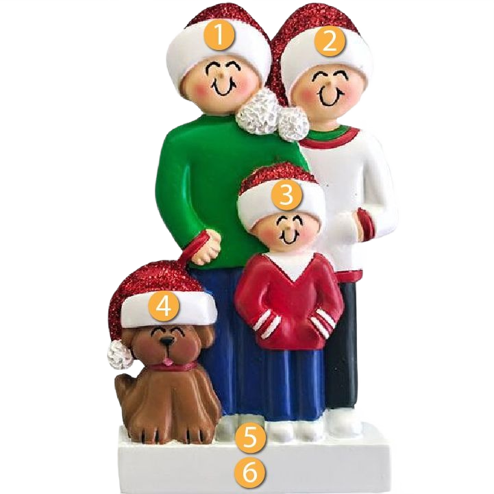 Personalized family of three figurine with brown dog wearing festive hats for Christmas Ornaments & Tree Decorations collection