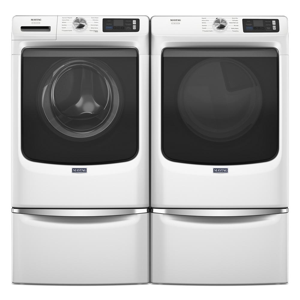 White front load washer and dryer set with digital controls and pedestal drawers for laundry appliances collection