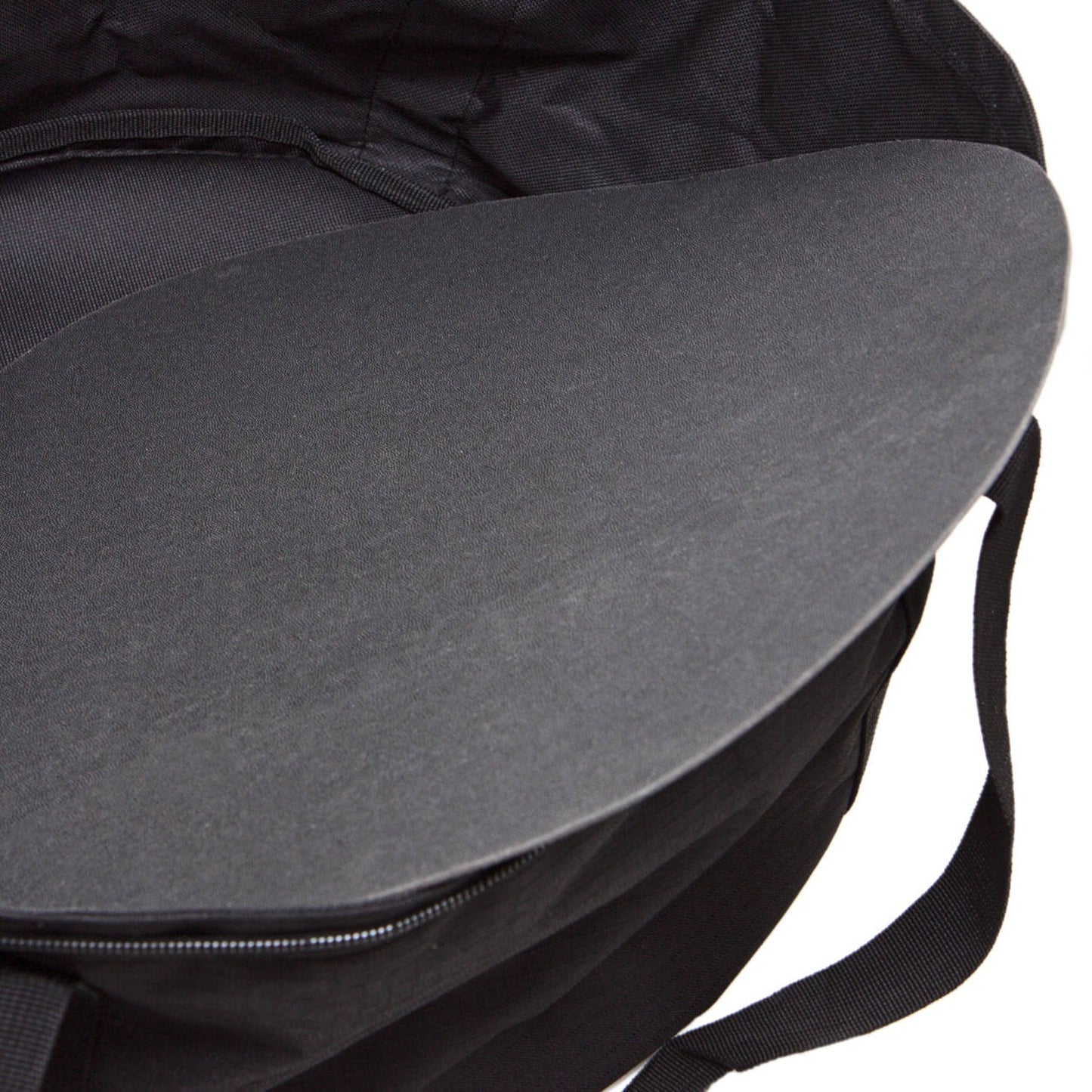 Black nylon transport bag partially open showing a round flat griddle insert for camping and kitchenware use