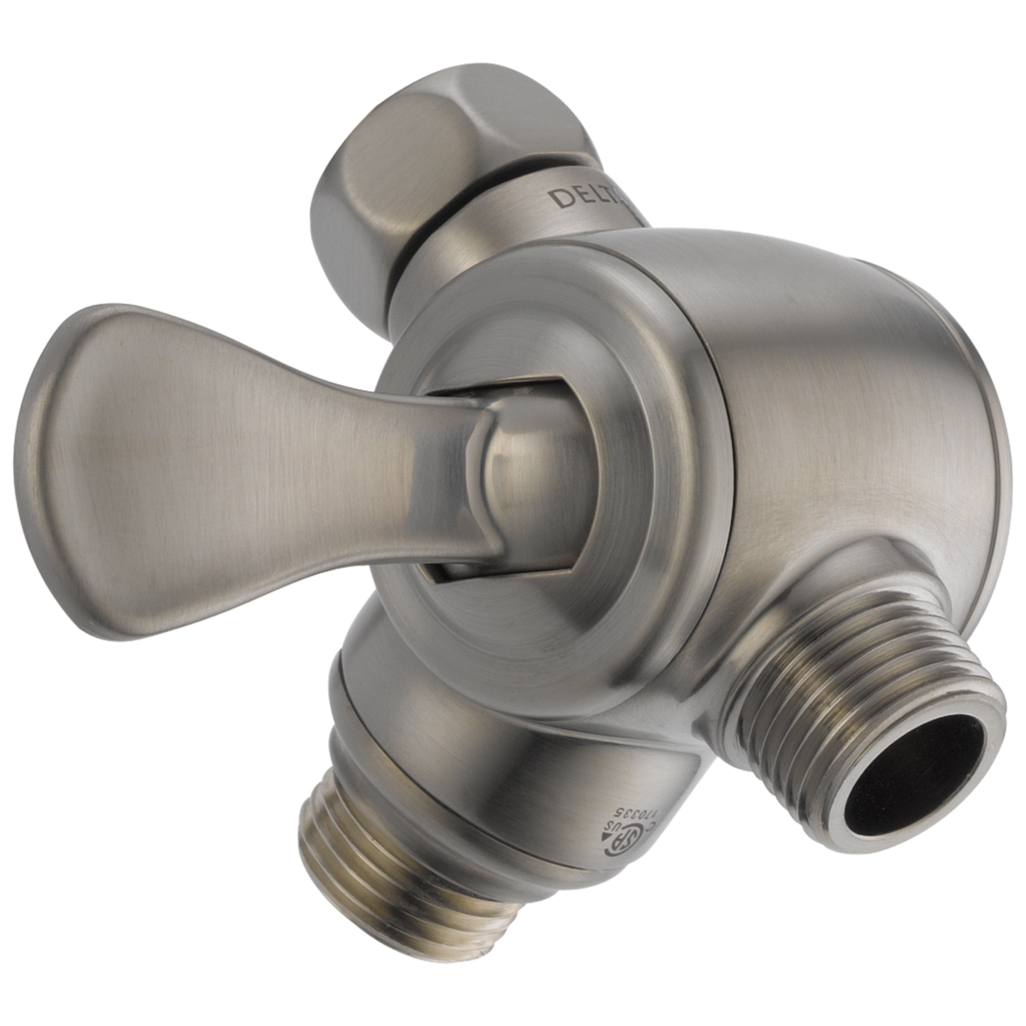 Brushed stainless steel shower arm diverter with three threaded connections and lever handle for home improvement use