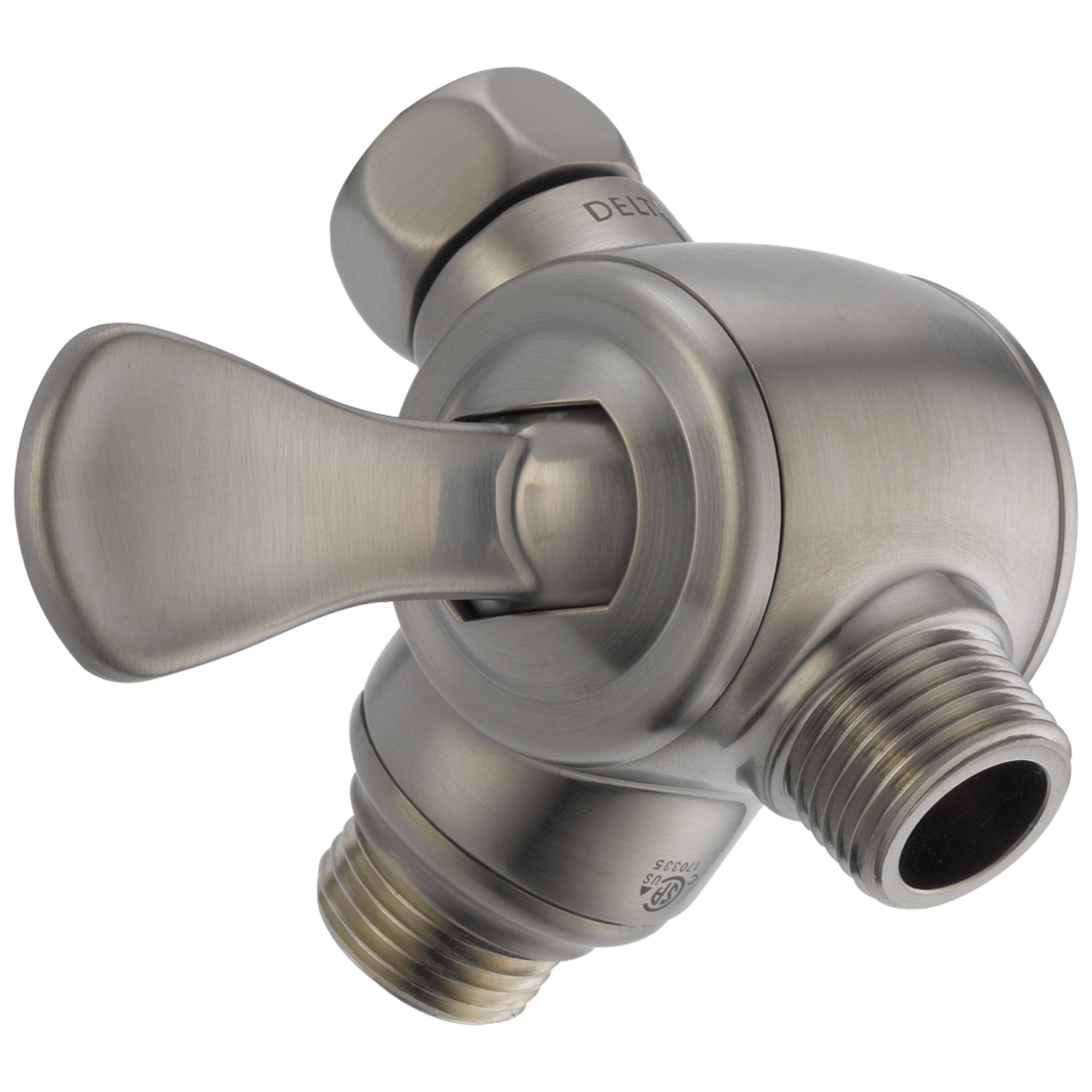 Brushed stainless steel shower arm diverter with three threaded connections and lever handle for home improvement use