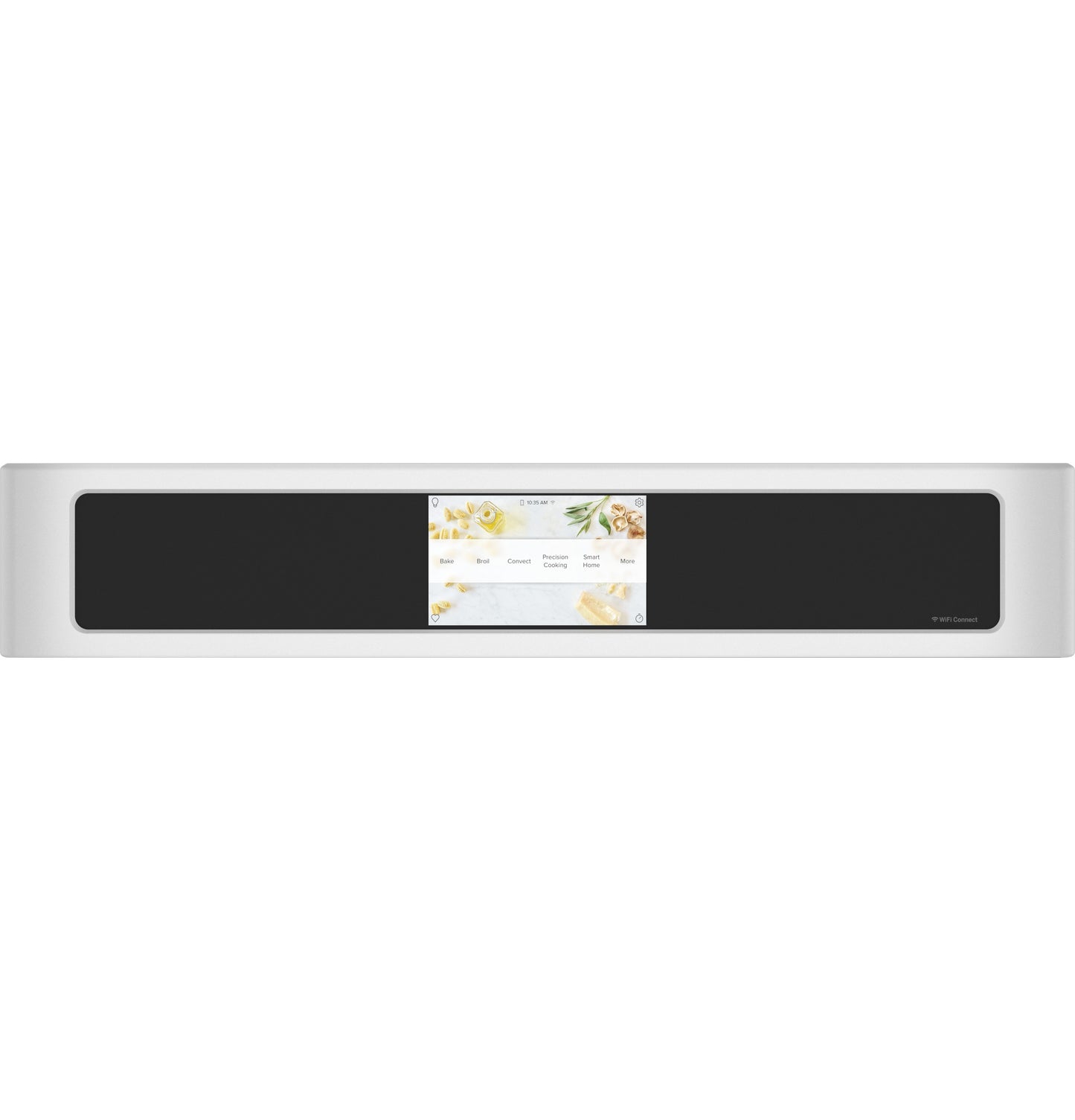 Close-up of smart control panel with touchscreen display on a built-in single wall oven in kitchen appliances collection