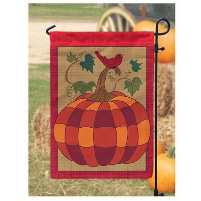 Seasonal garden flag with checkered pumpkin and red bird on burlap for autumn outdoor decoration