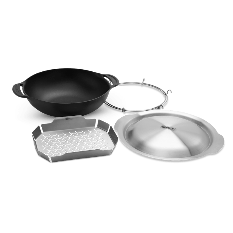 Black cast iron wok with stainless steel steamer basket and grill pan for outdoor cooking and grilling accessories collections