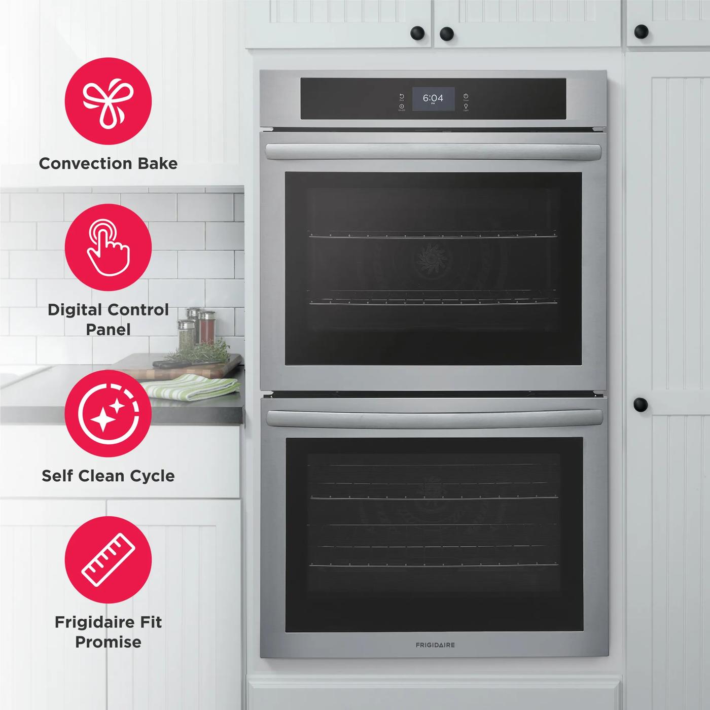 Built-in stainless steel double wall oven showing convection bake, digital controls, and self-clean features for kitchen appliances