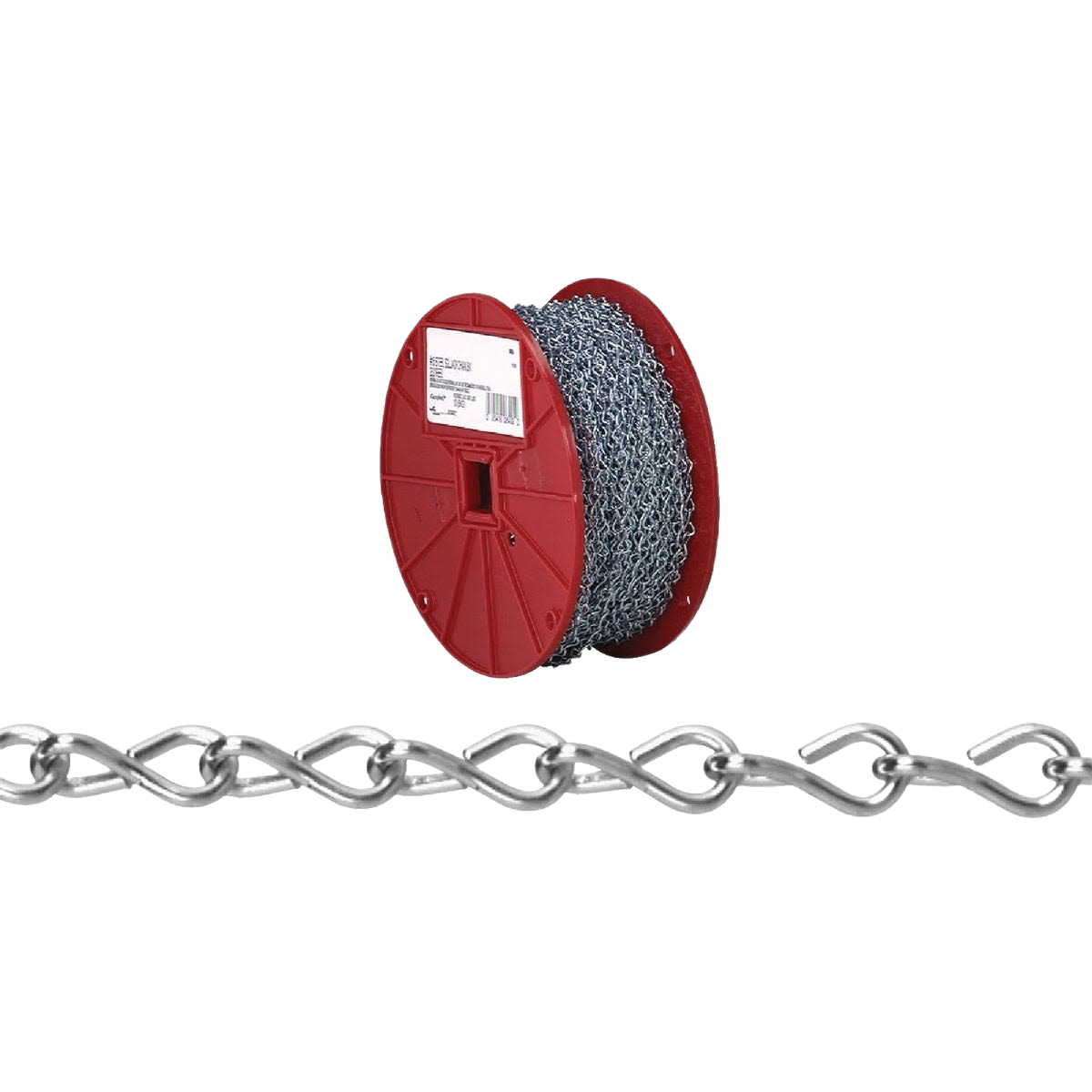 Steel single jack chain wound on a red spool for use in tools and home improvement projects