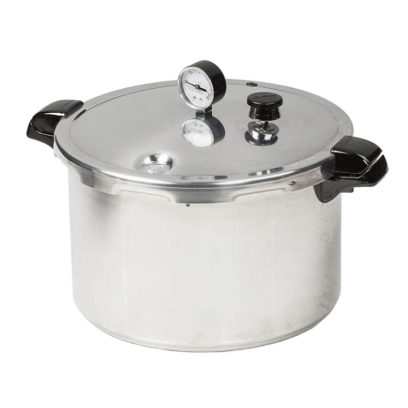 Shiny aluminum pressure cooker with black handles and pressure gauge, part of kitchenware and cookware collections