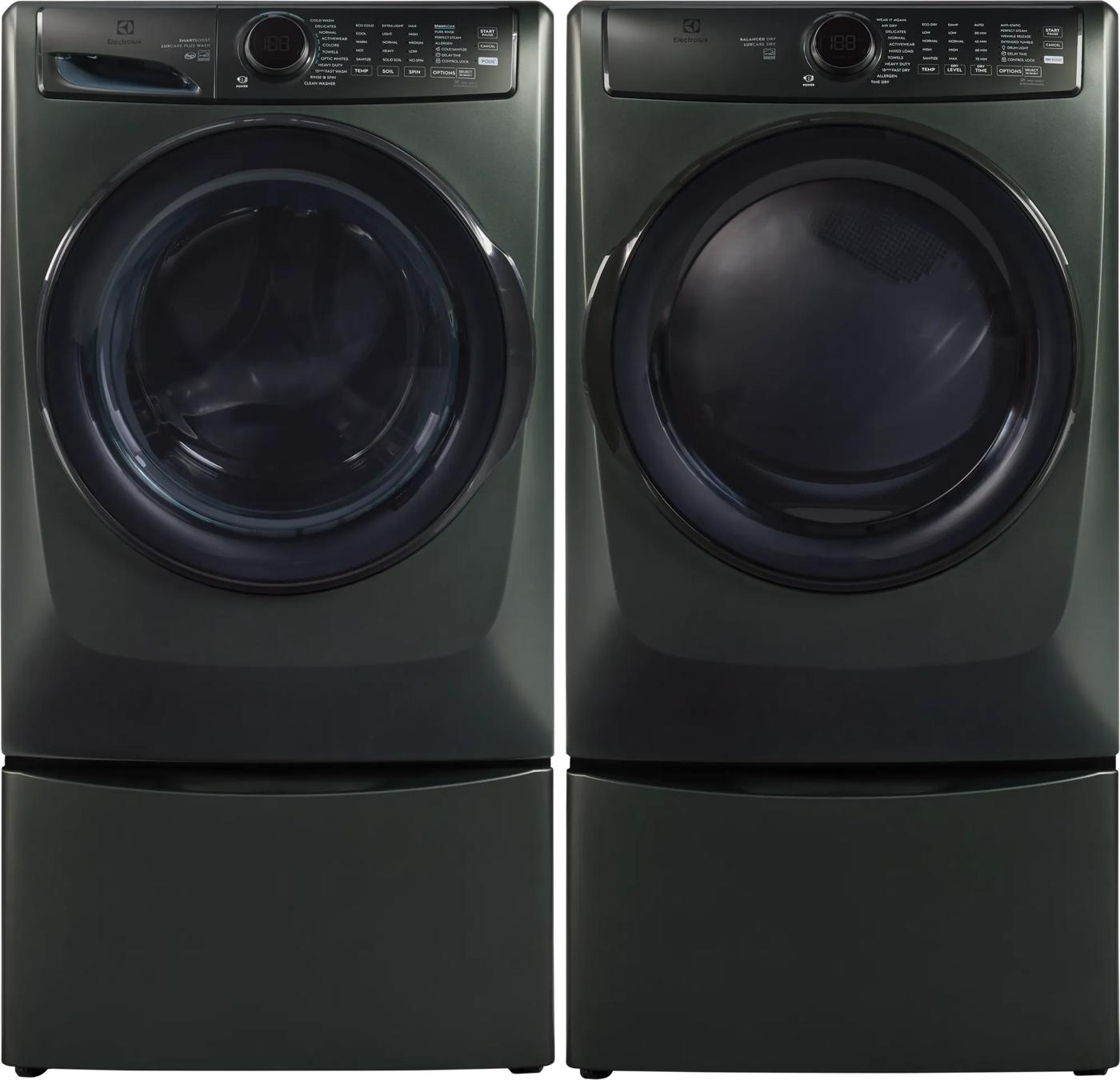 Dark gray front load washer and matching gas dryer with digital controls from Appliances and Washers & Dryers collections