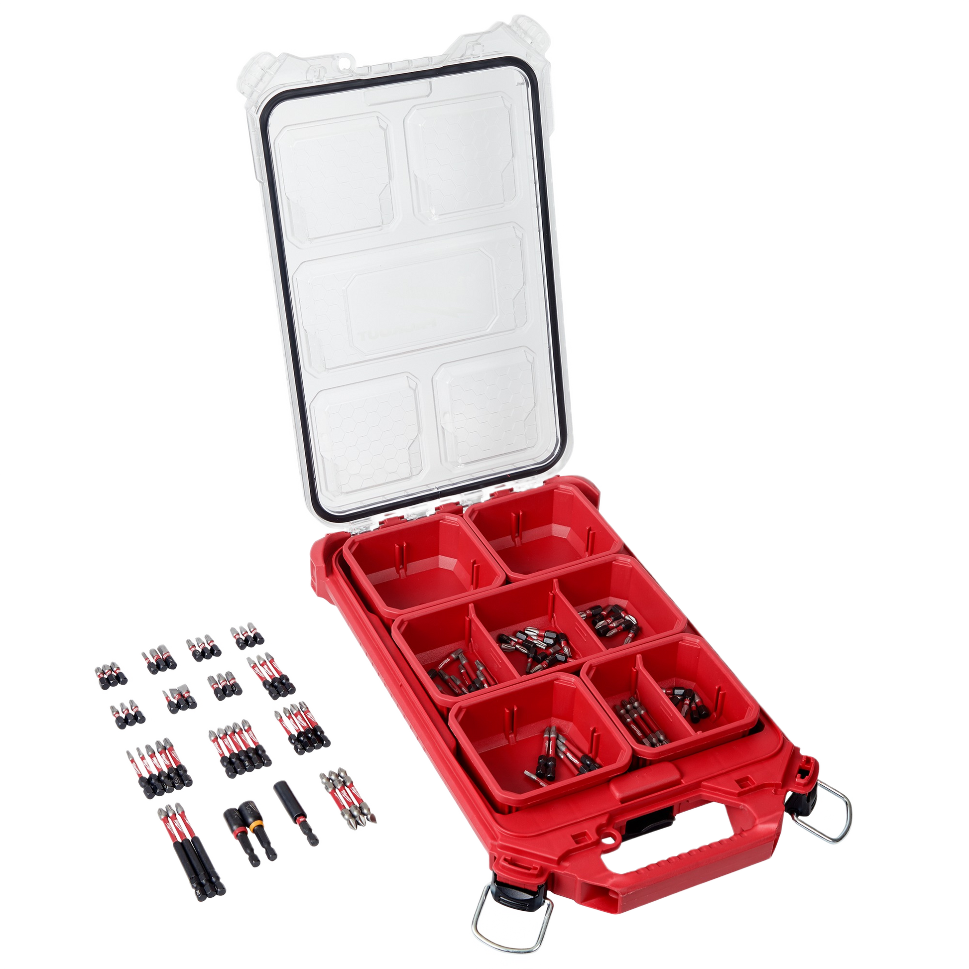Red organizer case with multiple compartments holding durable driver bits for tool and power drill accessory collections.