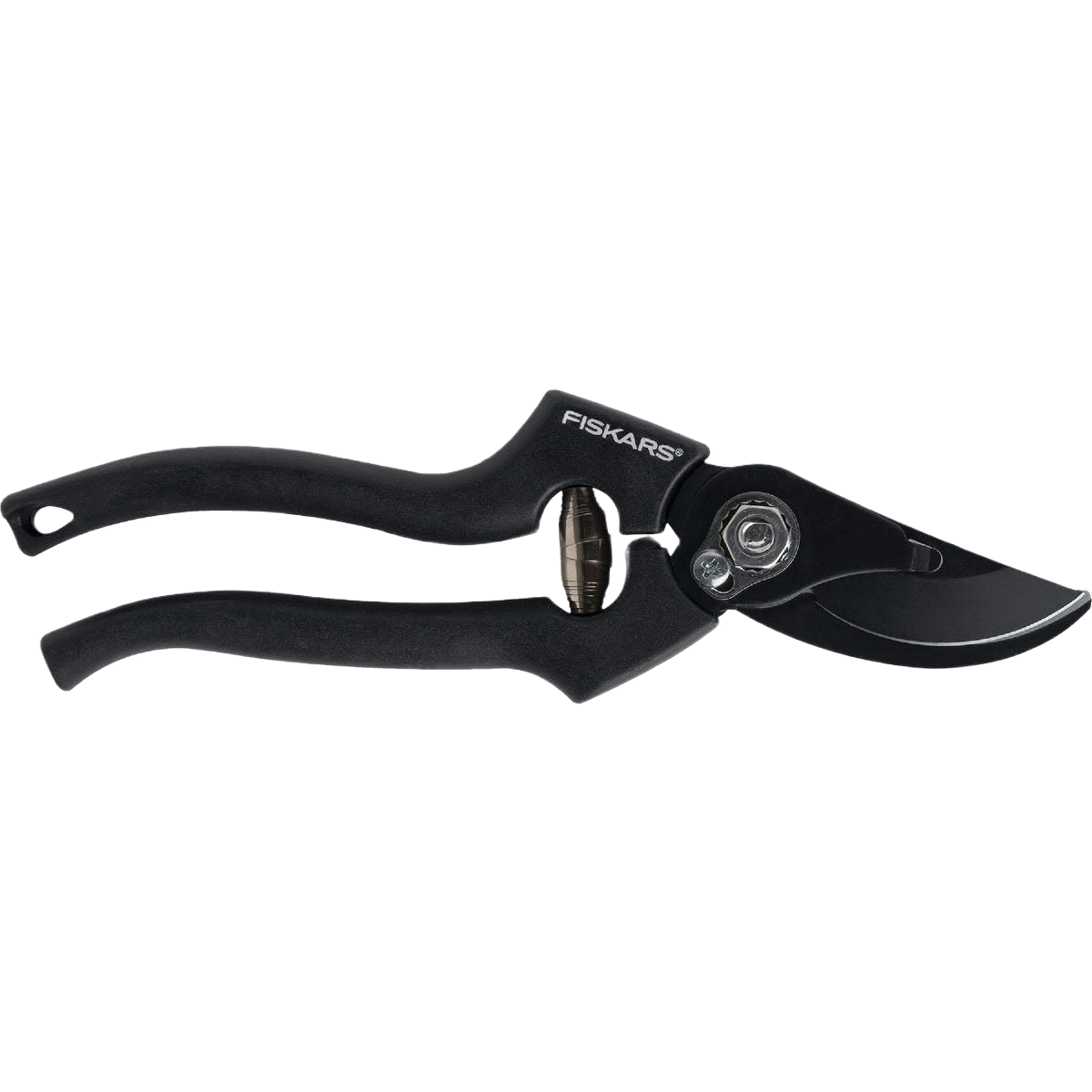 Professional-grade bypass pruner with ergonomic black handles and a sharp angled cutting blade for garden pruning tasks