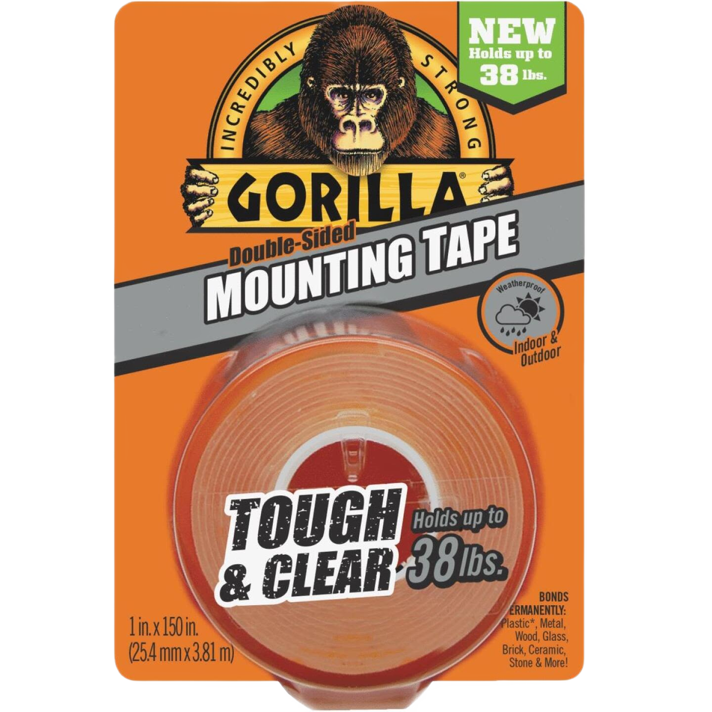 Clear double-sided mounting tape with weatherproof hold for indoor and outdoor use, suitable for home improvement projects