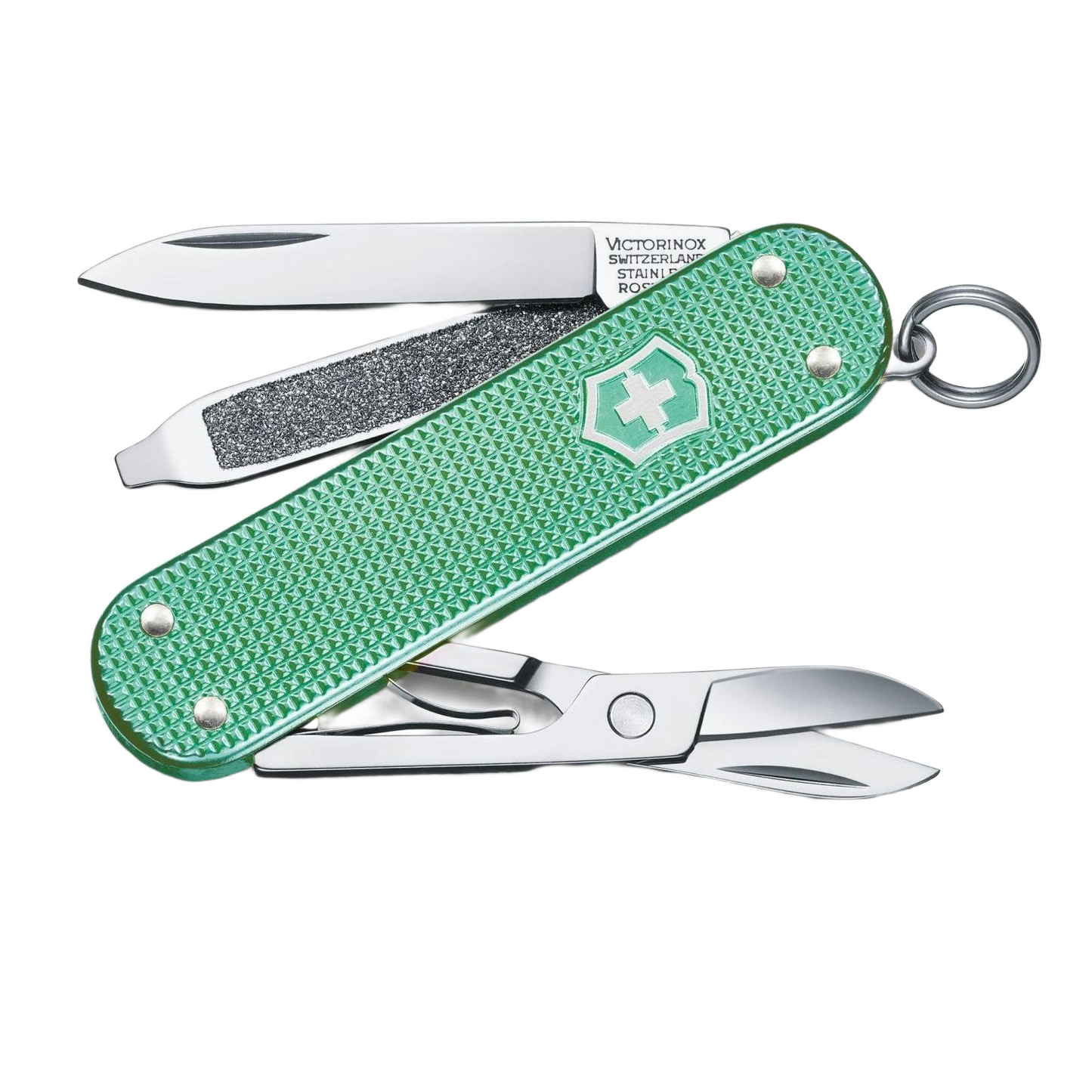 Compact mint green pocket knife with blade, scissors, and nail file for cutting and multitool hand tool use under $50 collection