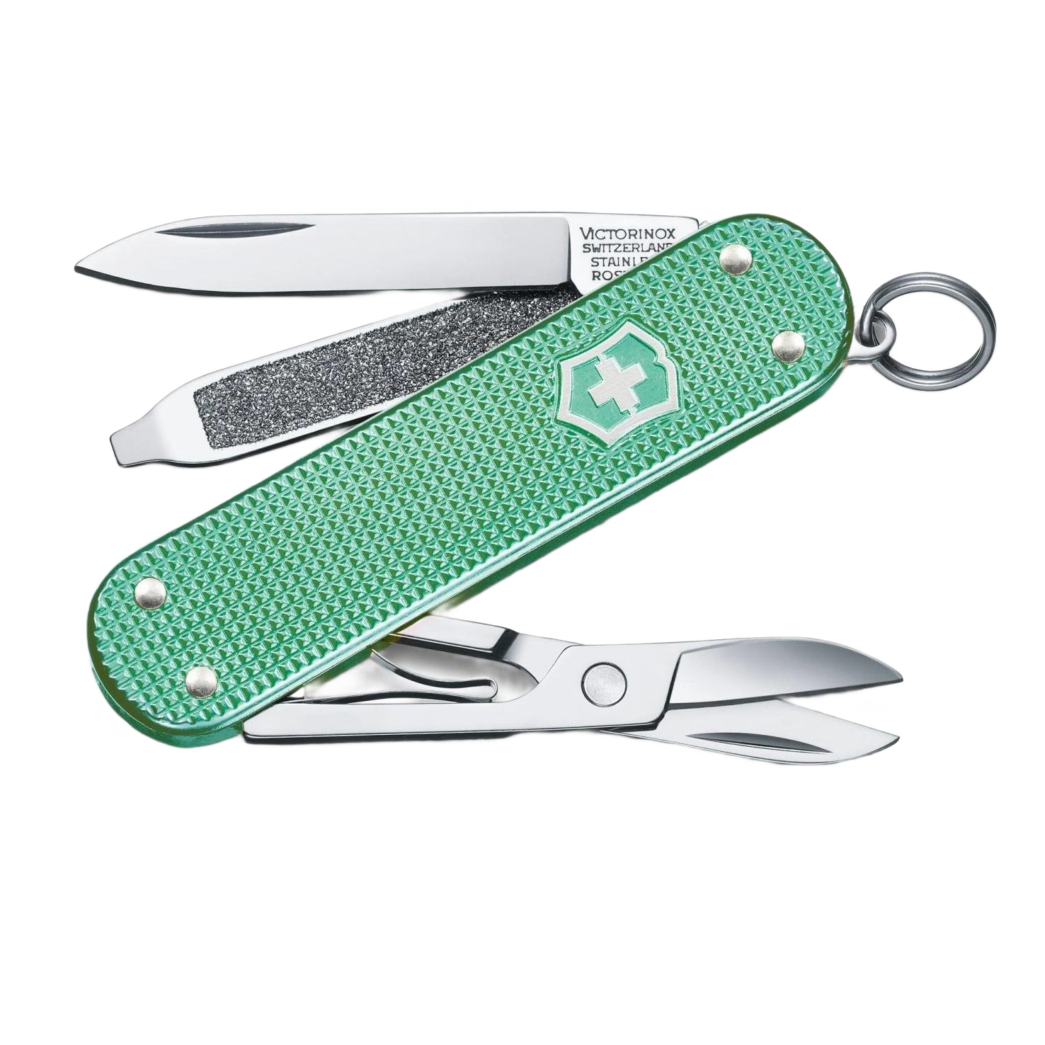 Compact mint green pocket knife with blade, scissors, and nail file for cutting and multitool hand tool use under $50 collection