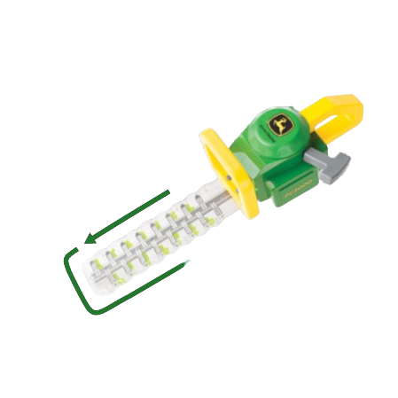 Green and yellow toy hedge trimmer with clear plastic blade designed for children's play and home improvement role play
