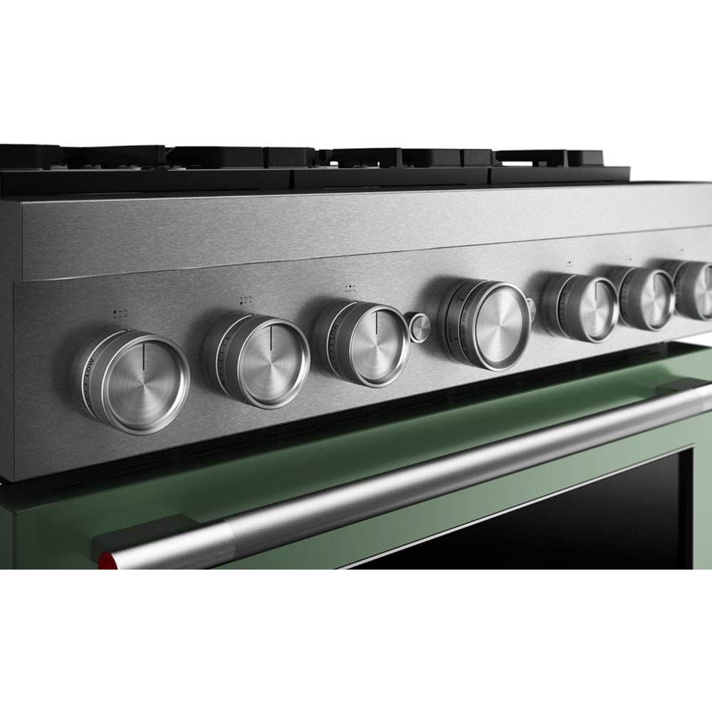 Close-up of stainless steel control knobs on green commercial-style dual fuel range from KitchenAid collection