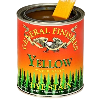 Open can of yellow water-based dye stain with applicator brush for paint and supplies under $50 in home improvement tools