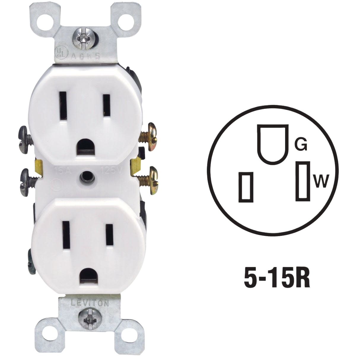 White grounded duplex electrical outlet with shallow profile for residential wiring and under $50 electrical supplies.