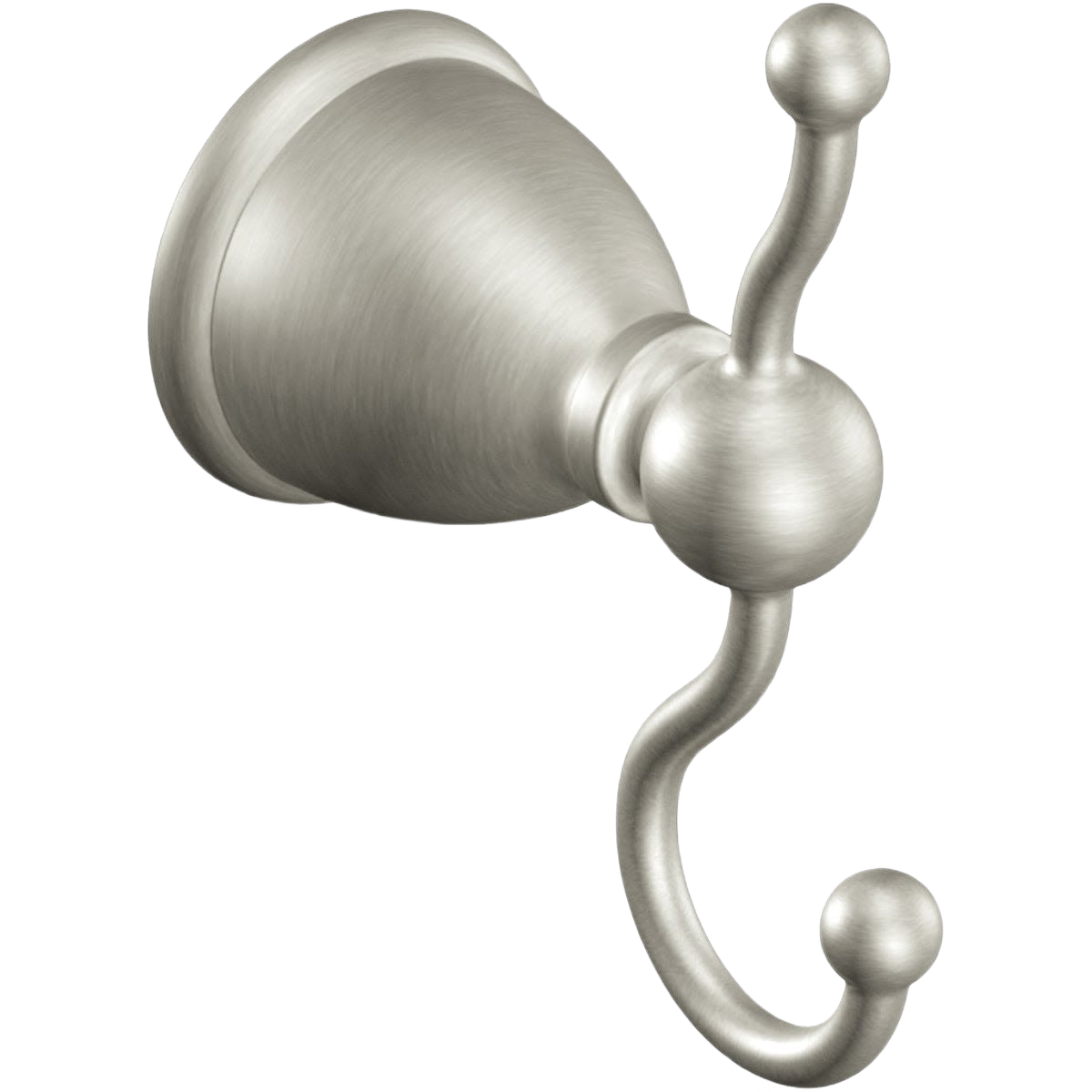 Brushed nickel double-prong robe hook with curved arms for hanging towels or garments in home improvement projects