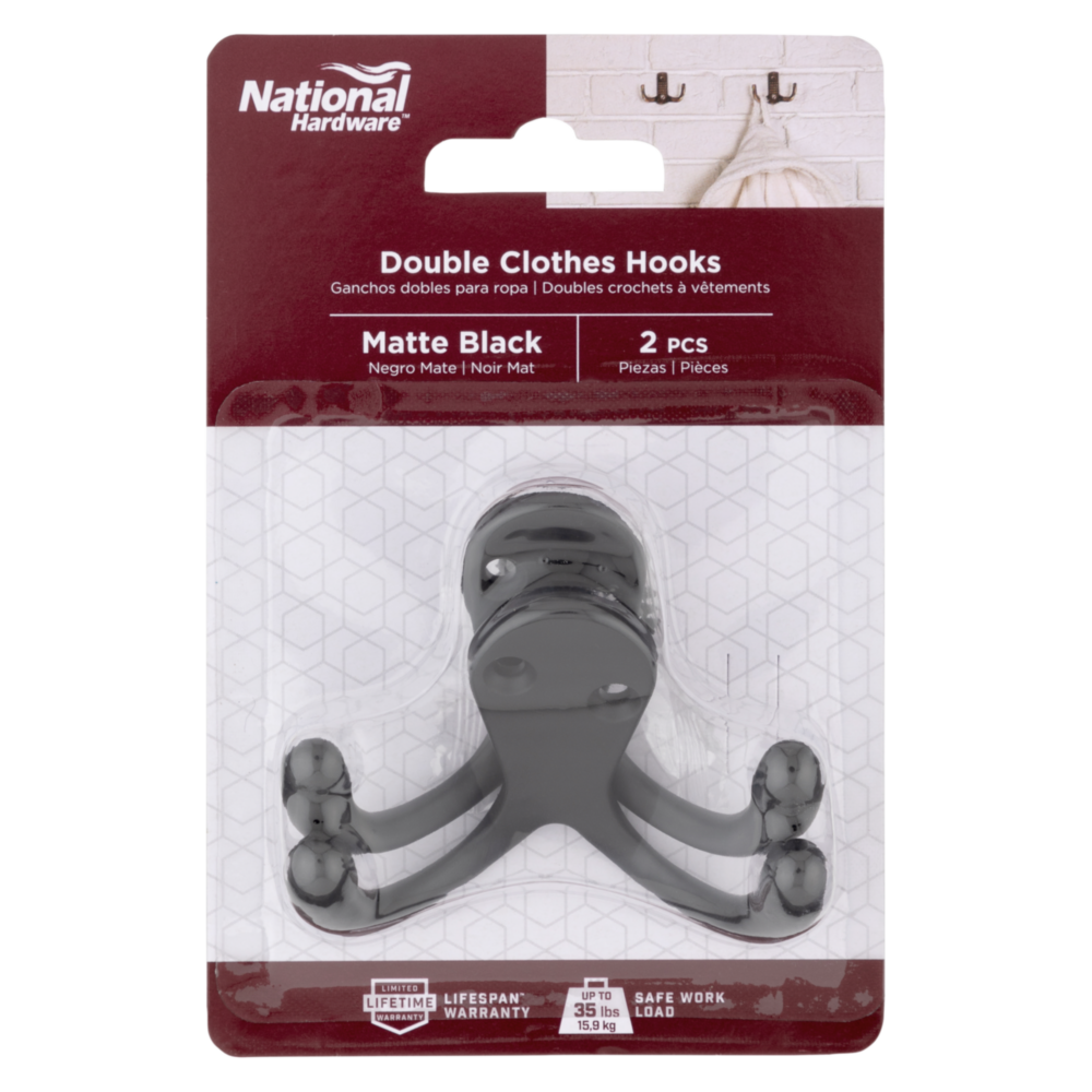 Pair of matte black double clothes hooks for storage and closet organization in home improvement under $50 collection