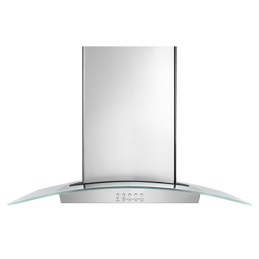 Curved glass and stainless steel wall mounted range hood with push button controls from kitchen appliances collection